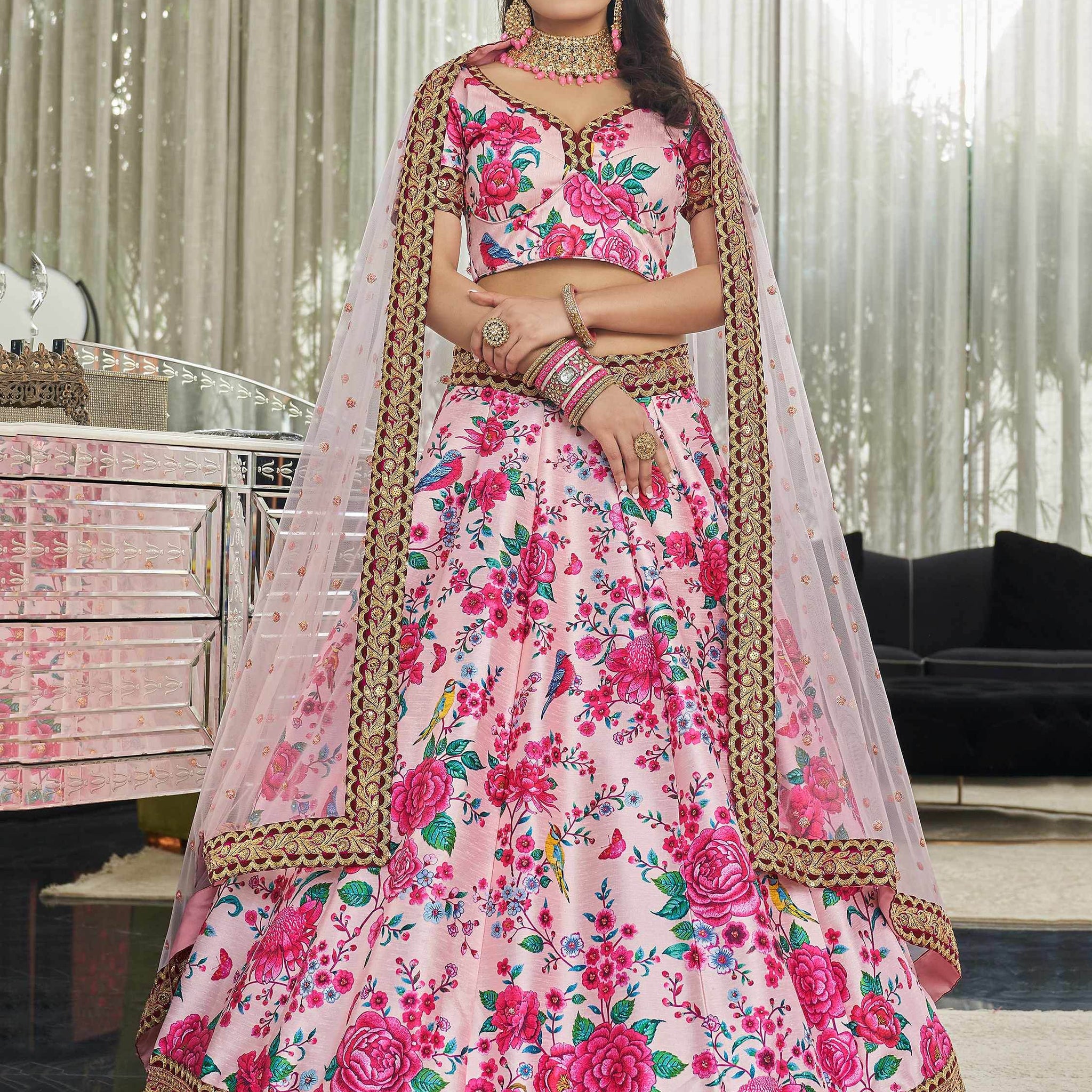 Light Pink Floral Printed Art Silk Wedding Wear Lehenga Choli - Zeel Clothing
