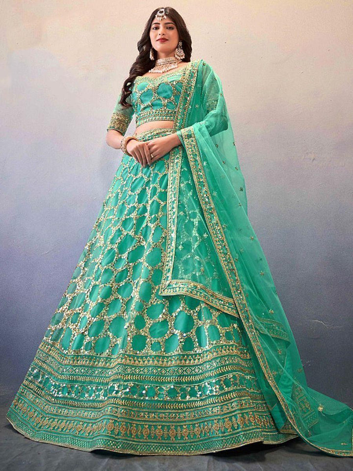 Awesome Turquoise Sequins With Butterfly Net Lehenga Choli