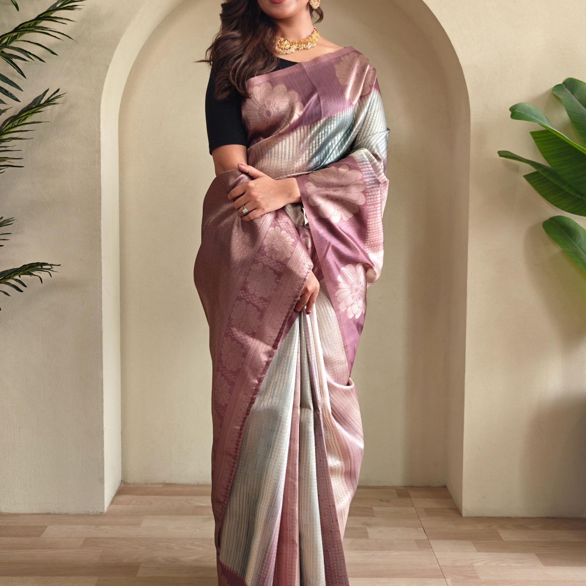 Amazing Lilac Zari Weaving Silk Designer Saree With Blouse