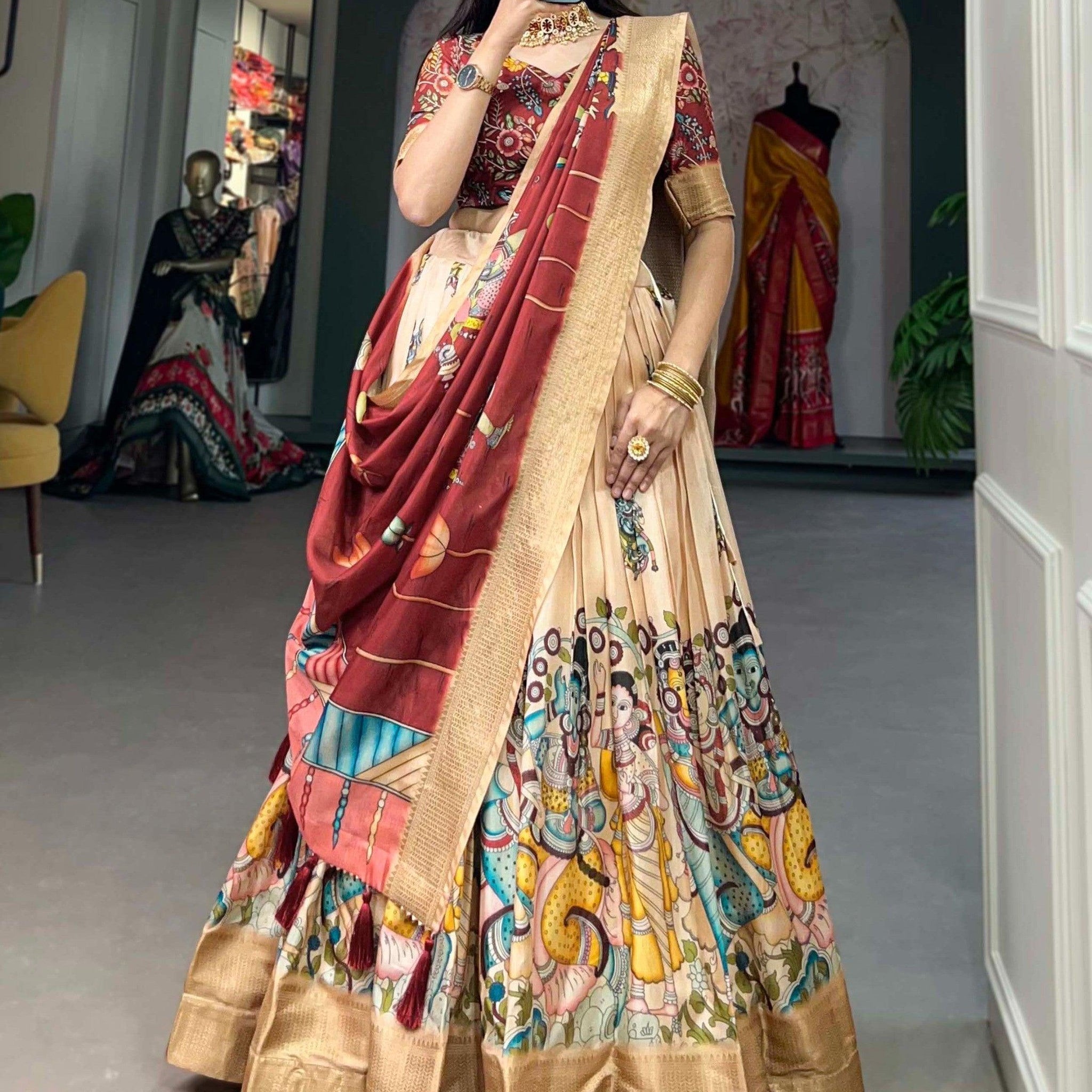Wonderful Cream Kalamkari Print Silk Events Wear Lehenga Choli