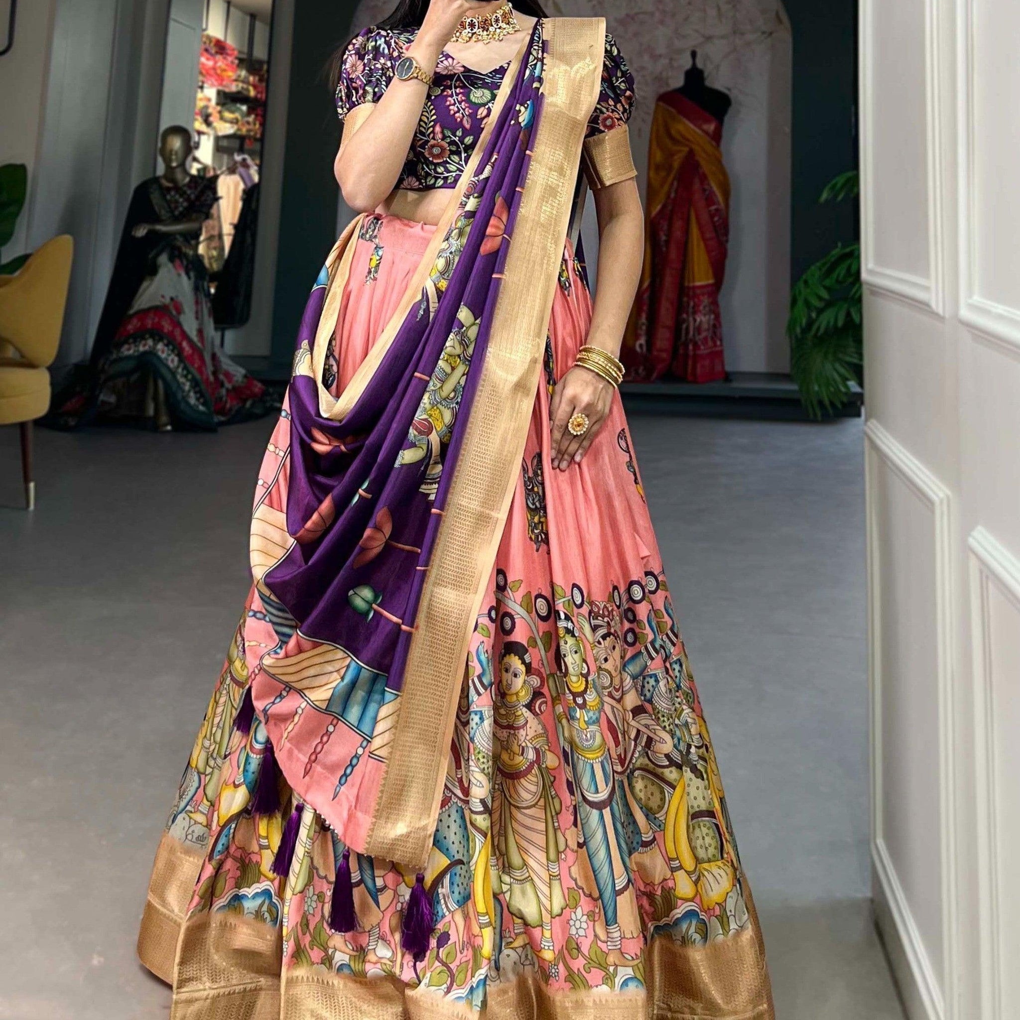 Exceptional Peach Kalamkari Print Silk Traditional Lehenga Choli