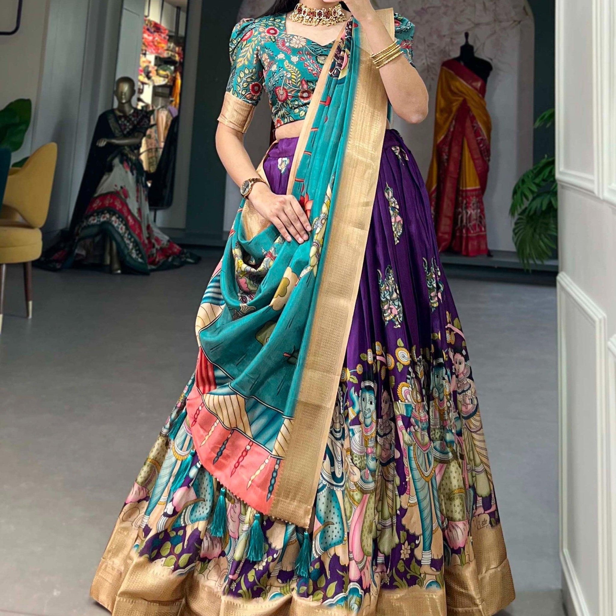 Amazing Purple Kalamkari Print Silk Festive Wear Lehenga Choli