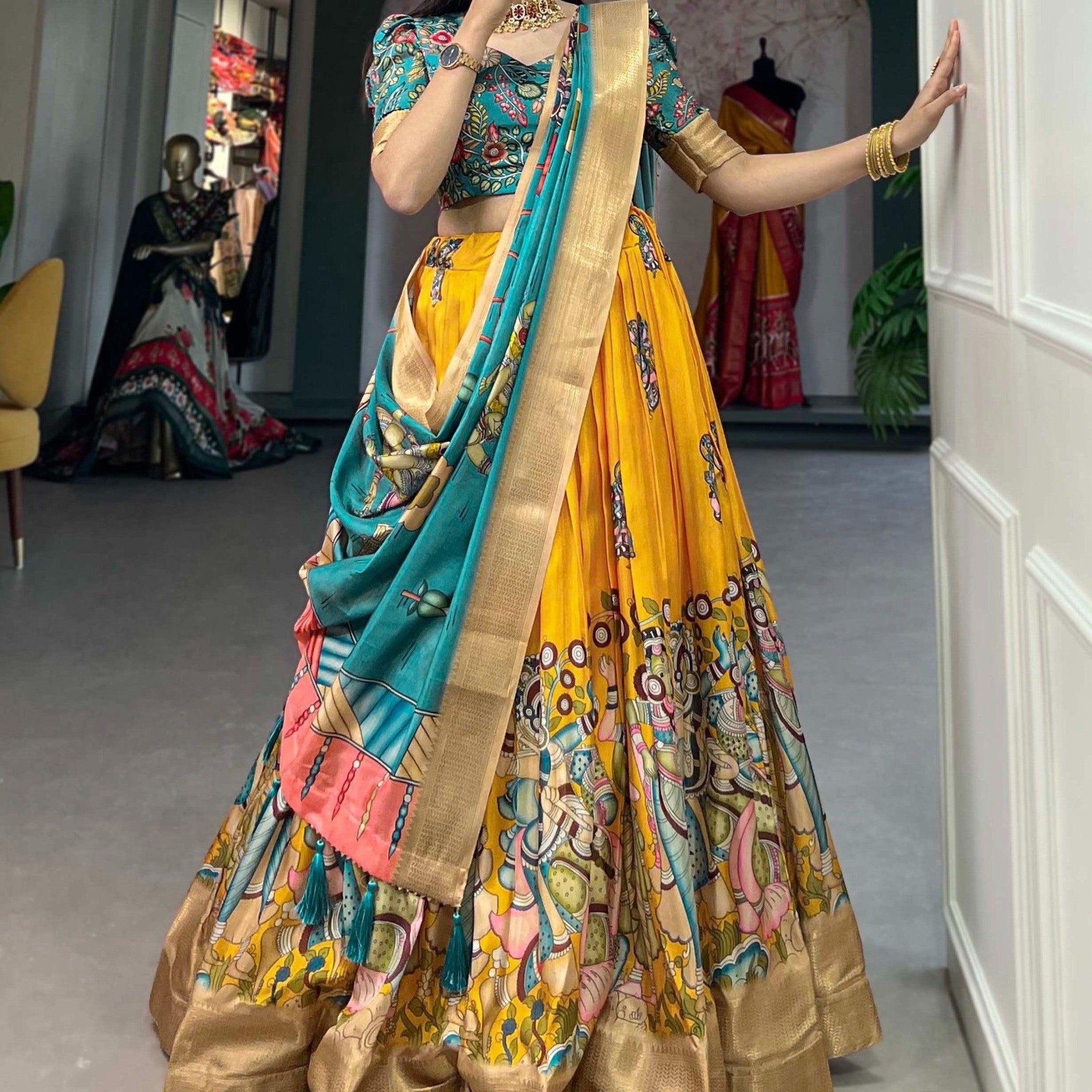 Superior Yellow Kalamkari Print Silk Lehenga Choli With Dupatta