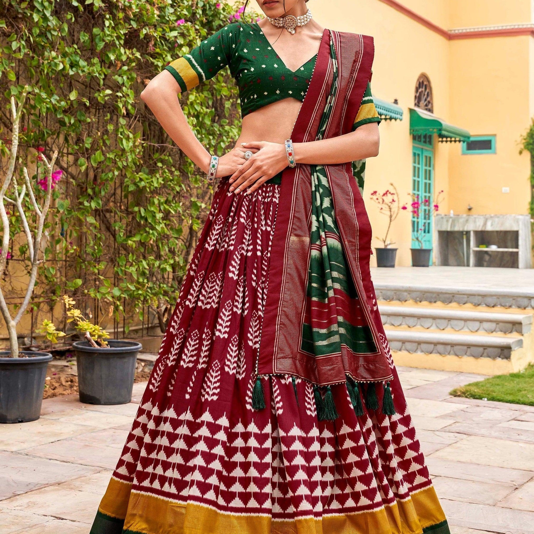 Fascinating Maroon Foil Work Silk Festival Wear Lehenga Choli