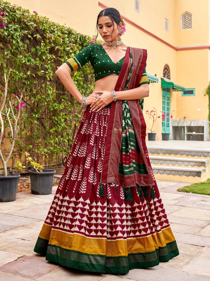 Fascinating Maroon Foil Work Silk Festival Wear Lehenga Choli