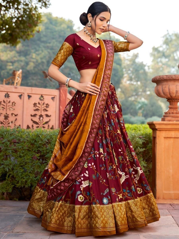Fancified Maroon Foil Printed Silk Events Wear Lehenga Choli