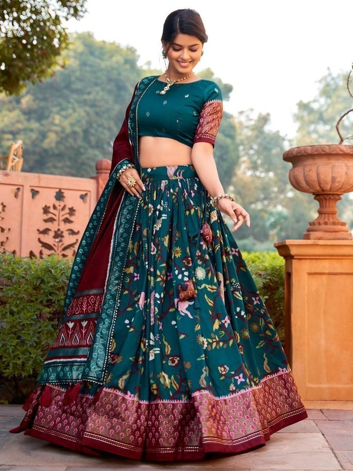 Enticing Teal Blue Foil Print Silk Traditional Lehenga Choli With Dupatta
