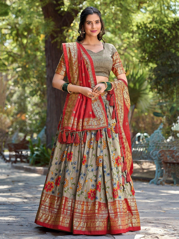 Attractive Grey Kalamkari Printed Silk Function Wear Lehenga Choli
