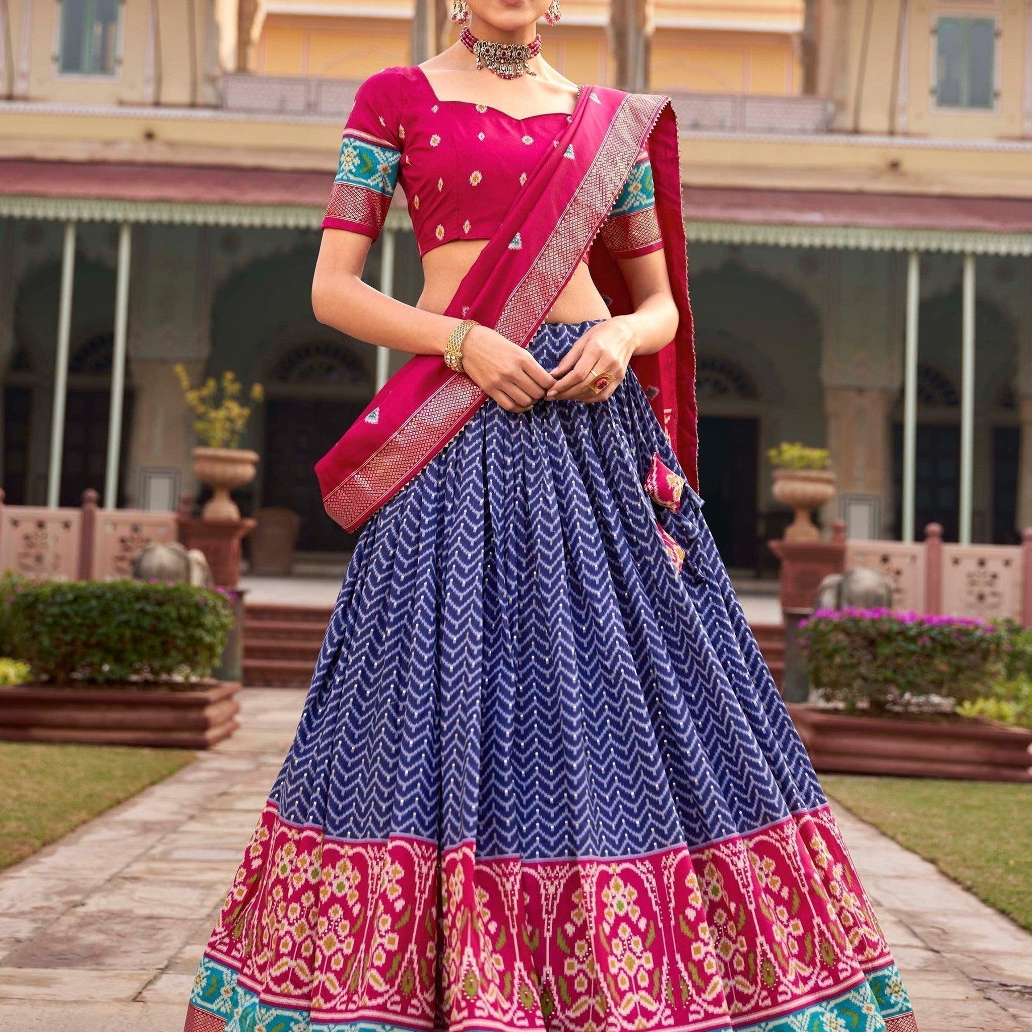 Fancified Blue Foil Printed Silk Lehenga Choli With Dupatta