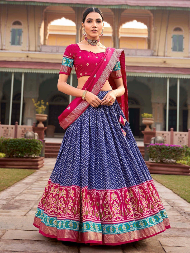 Fancified Blue Foil Printed Silk Lehenga Choli With Dupatta