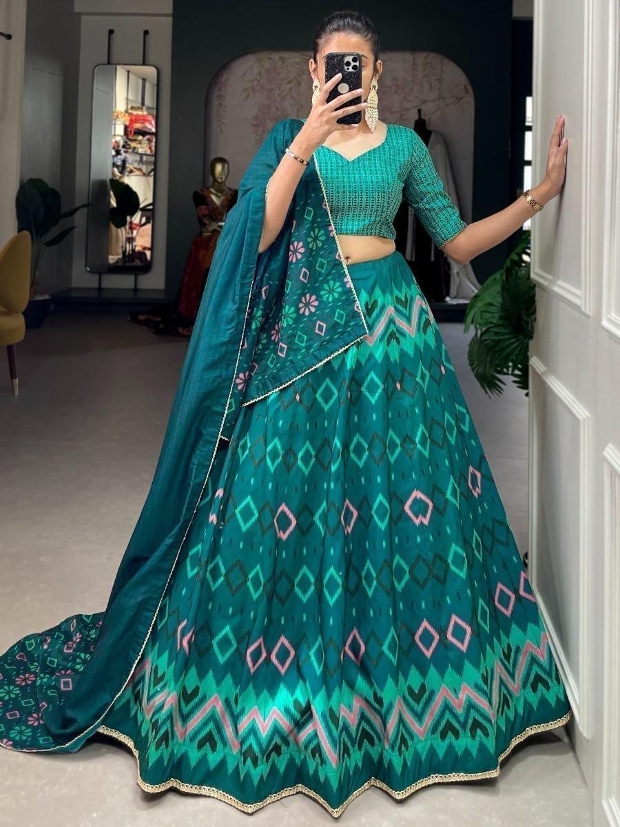Charming Teal Blue Digital Printed Silk Lehenga Choli With Dupatta
