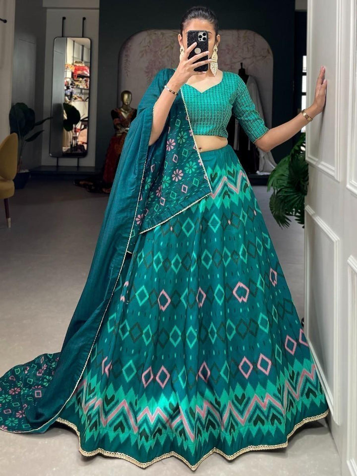 Charming Teal Blue Digital Printed Silk Lehenga Choli With Dupatta