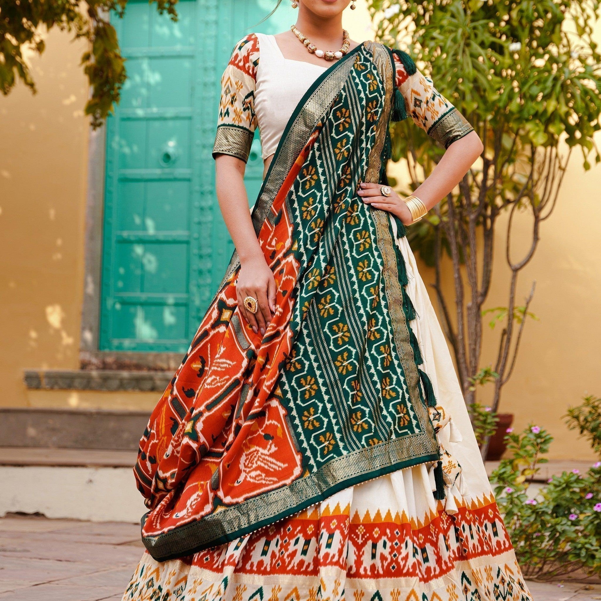 Outstanding White & Orange Foil Print Silk Lehenga Choli With Dupatta