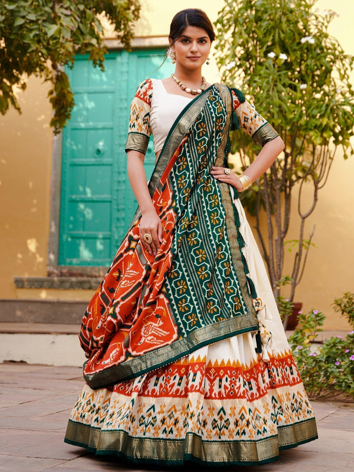 Outstanding White & Orange Foil Print Silk Lehenga Choli With Dupatta