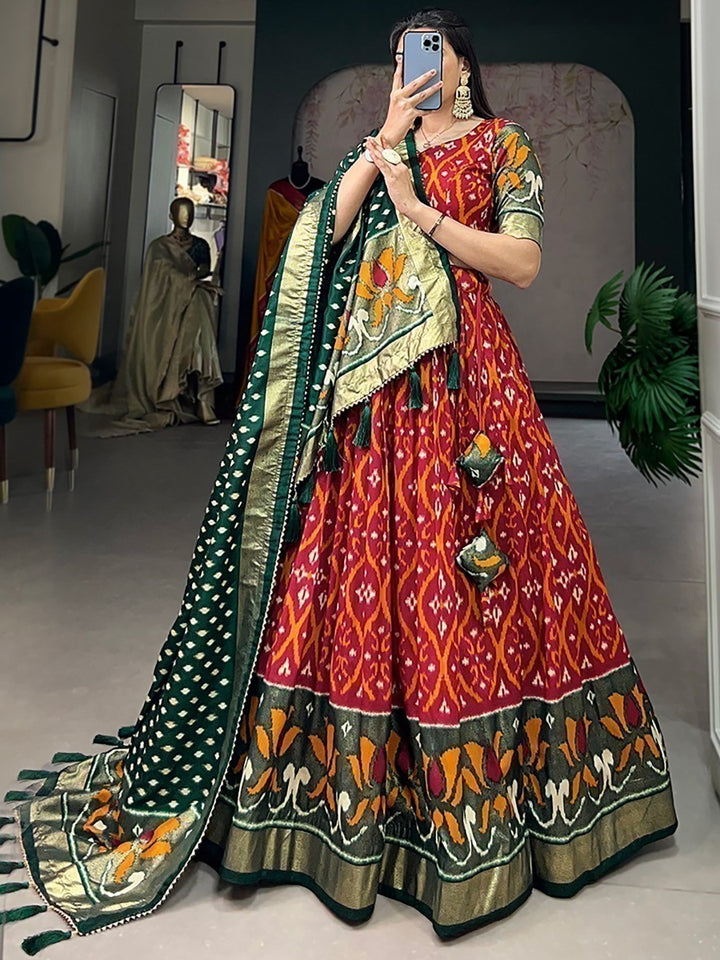 Fascinating Red Foil Printed Silk Festive Wear Lehenga Choli