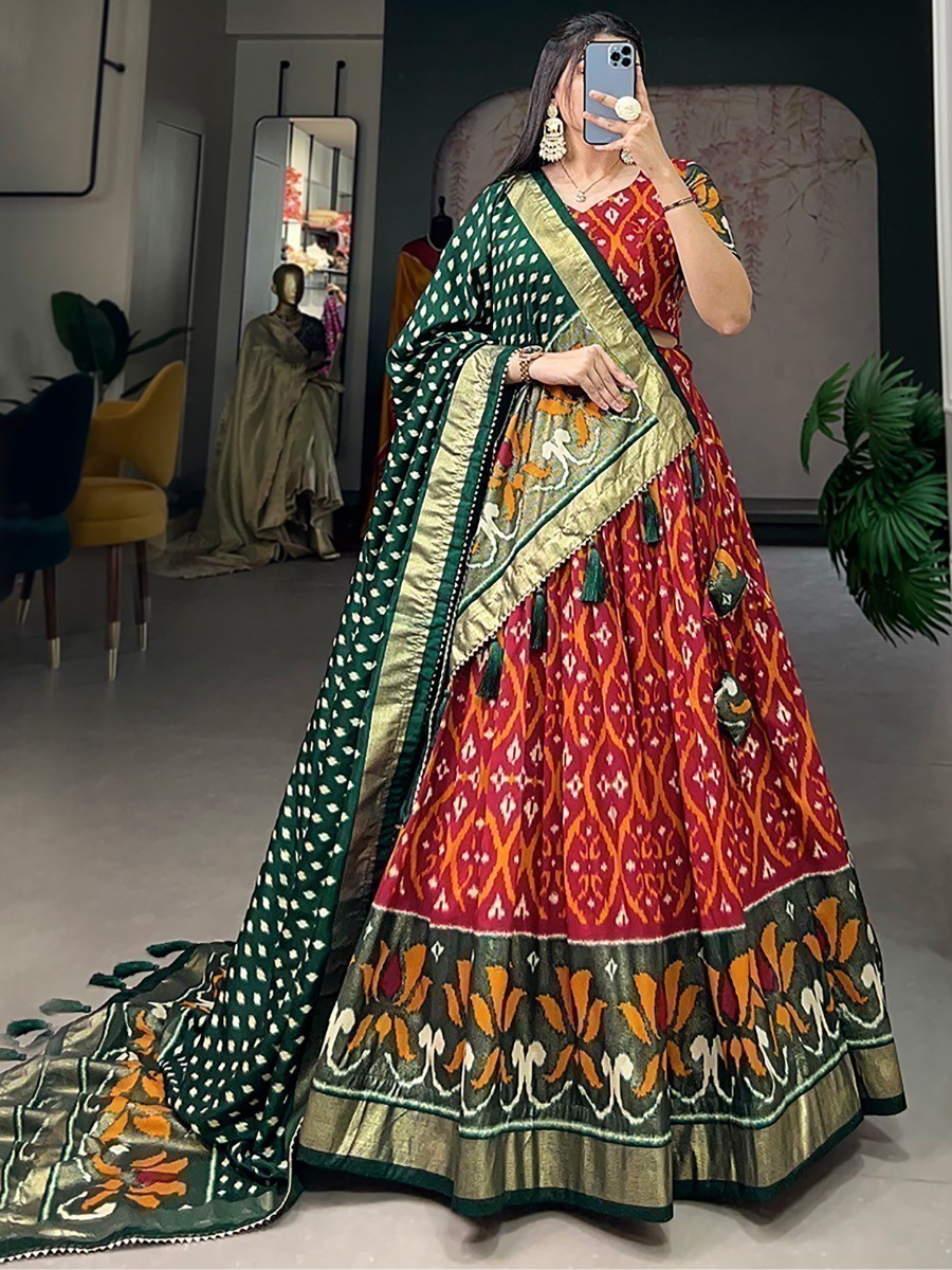 Fascinating Red Foil Printed Silk Festive Wear Lehenga Choli