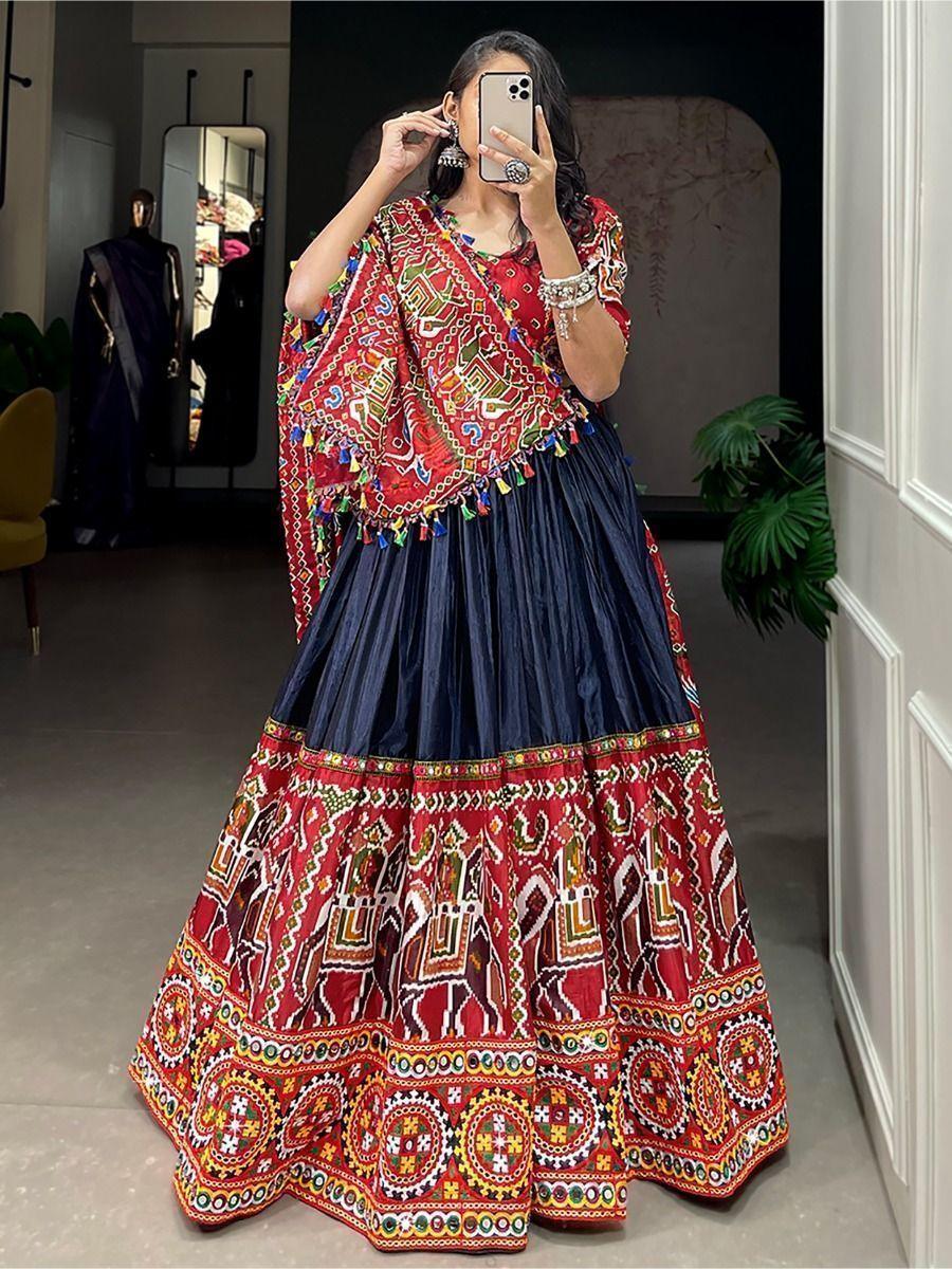 Attractive Navy Blue Gamthi Work Silk Lehenga Choli