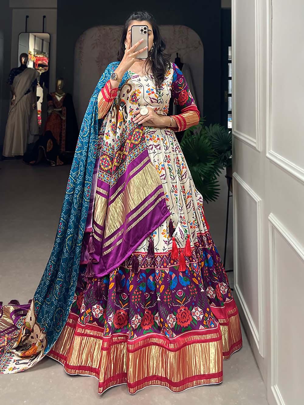 Breathtaking White & Purple Digital Printed Gaji Silk Lehenga Choli