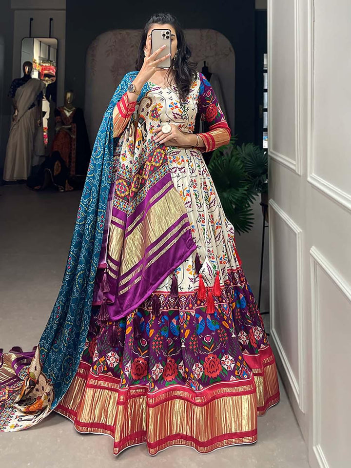Breathtaking White & Purple Digital Printed Gaji Silk Lehenga Choli