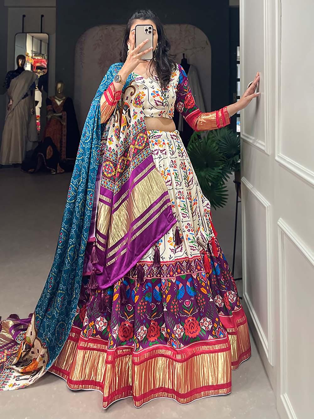 Breathtaking White & Purple Digital Printed Gaji Silk Lehenga Choli