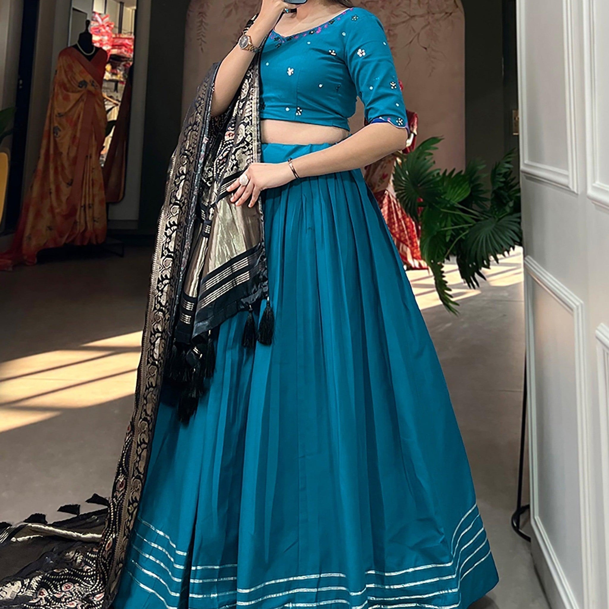 Charming Blue Cotton Plain Festive Wear Lehenga Choli With Dupatta