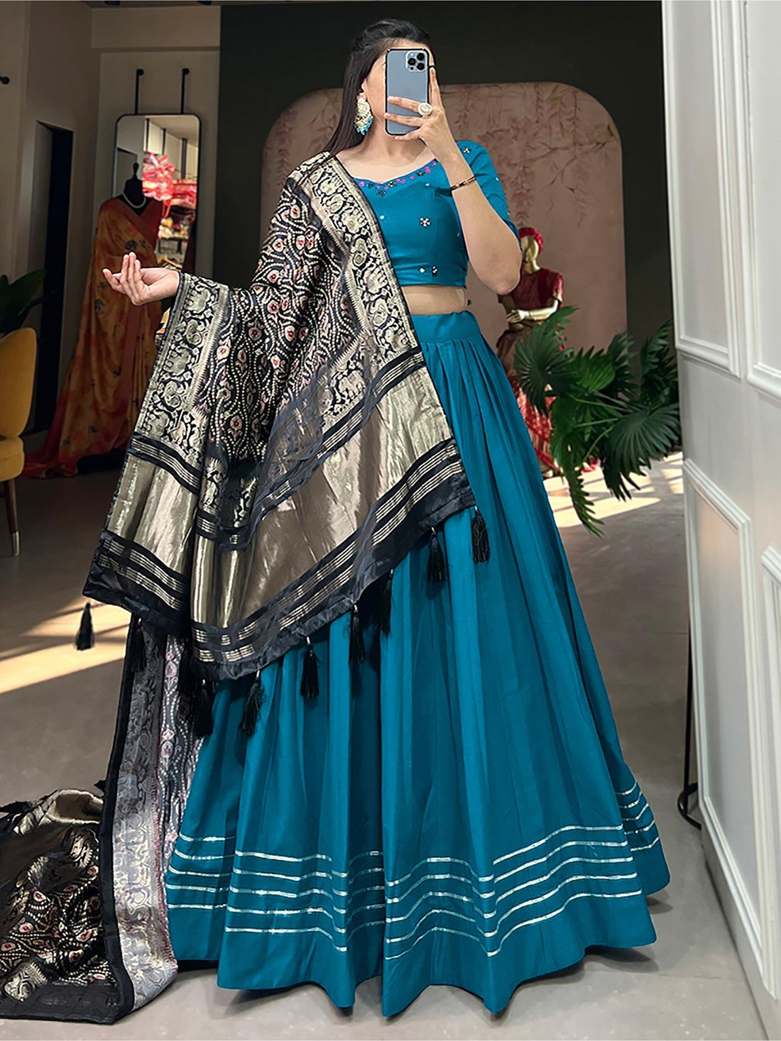 Charming Blue Cotton Plain Festive Wear Lehenga Choli With Dupatta