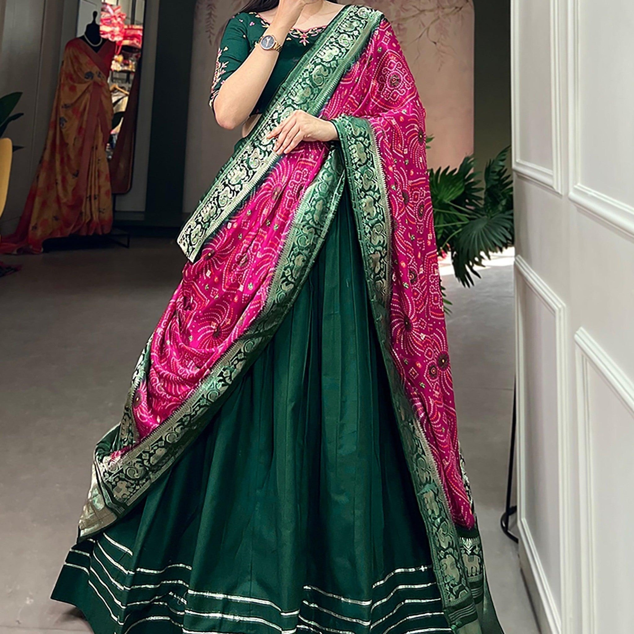 Stunning Green Cotton Plain Events Wear Lehenga Choli With Dupatta