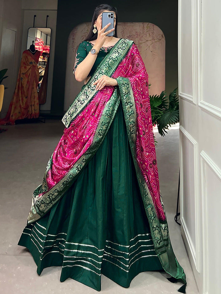 Stunning Green Cotton Plain Events Wear Lehenga Choli With Dupatta