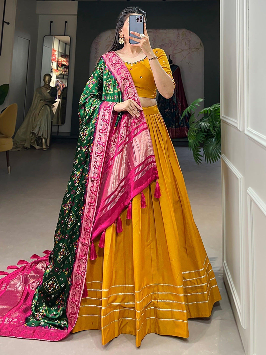 Bewitching Mustard Yellow Cotton Plain Traditional Lehenga Choli