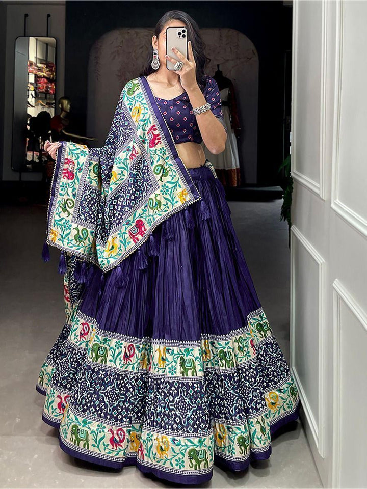 Adorable Navy Blue Patola Print Dola Silk Traditional Lehenga Choli
