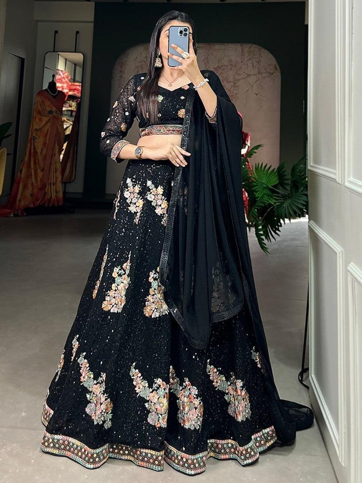 Wonderful Black Sequins Georgette Designer Lehenga Choli With Dupatta