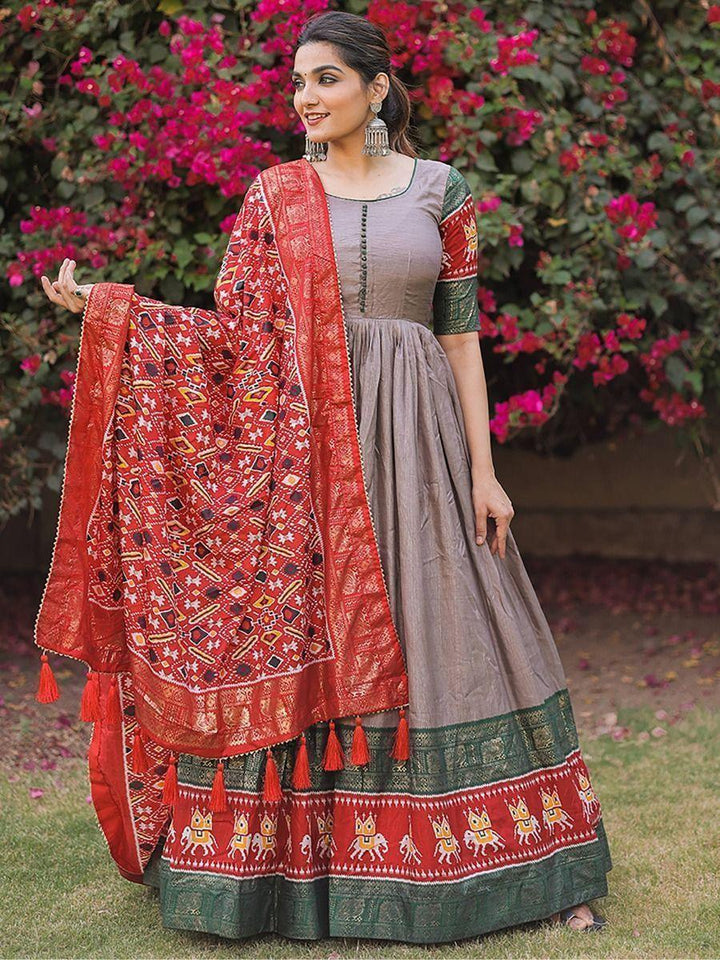 Adorable Grey Foil Print Silk Festival Wear Gown With Dupatta