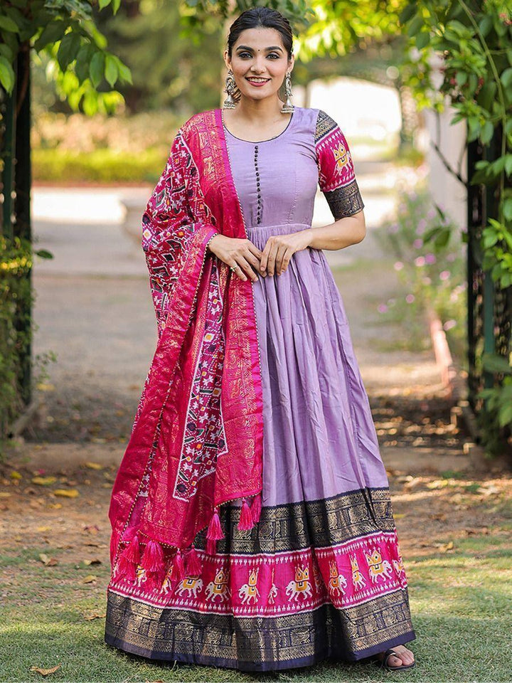 Pretty Lavender Foil Print Dola Silk Festival Wear Gown With Dupatta