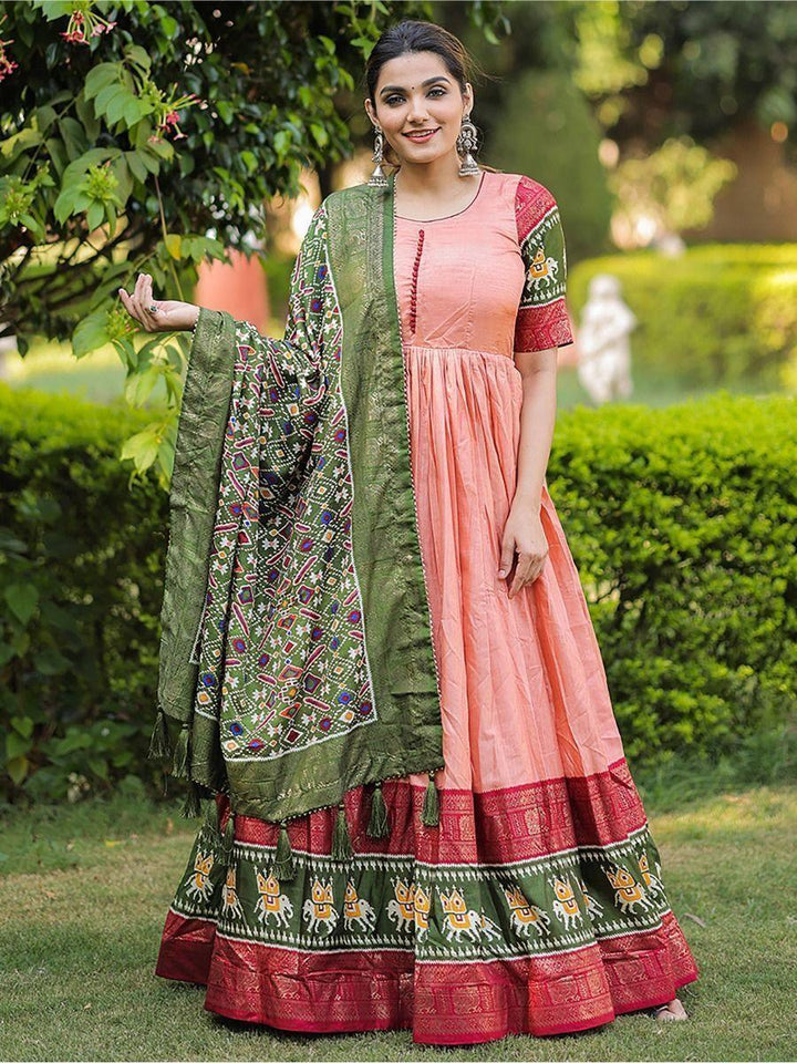 Attractive Peach Foil Print Dola Silk Event Wear Gown With Dupatta