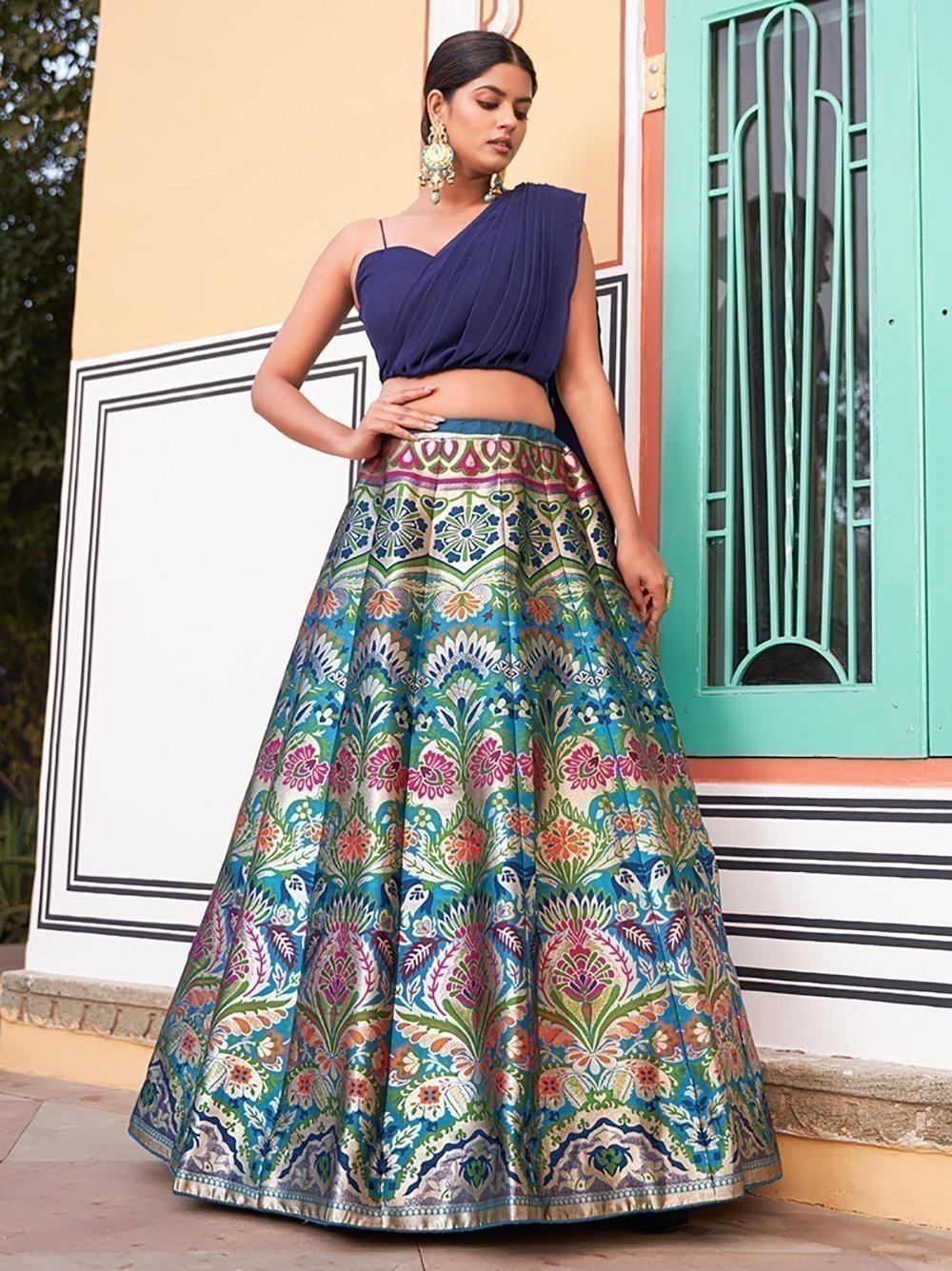 Bewitching Navy Blue Zari Weaving Silk Indo-Western Crop Top Lehenga
