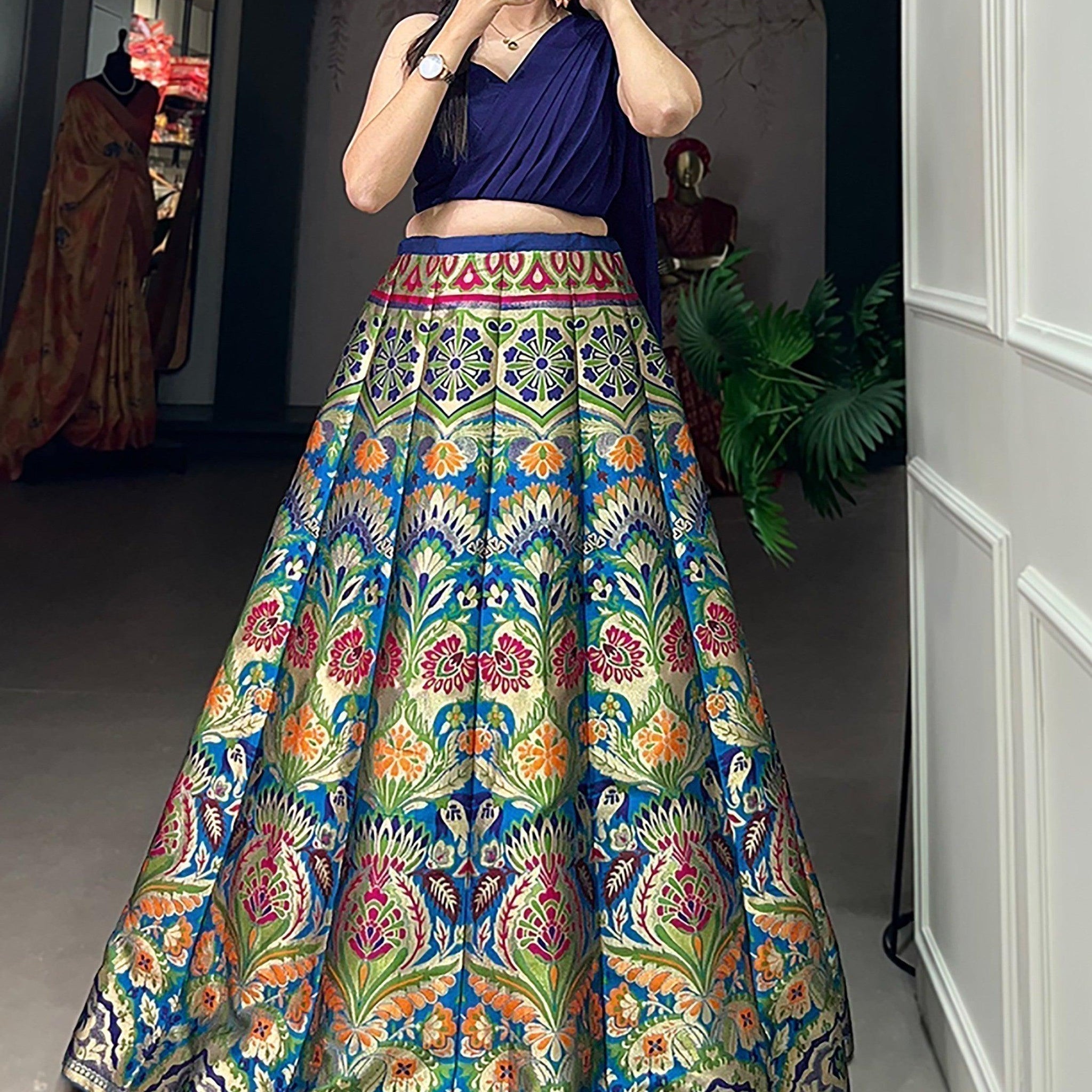 Captivating Blue Zari Weaving Silk Indo-Western Crop Top Lehenga