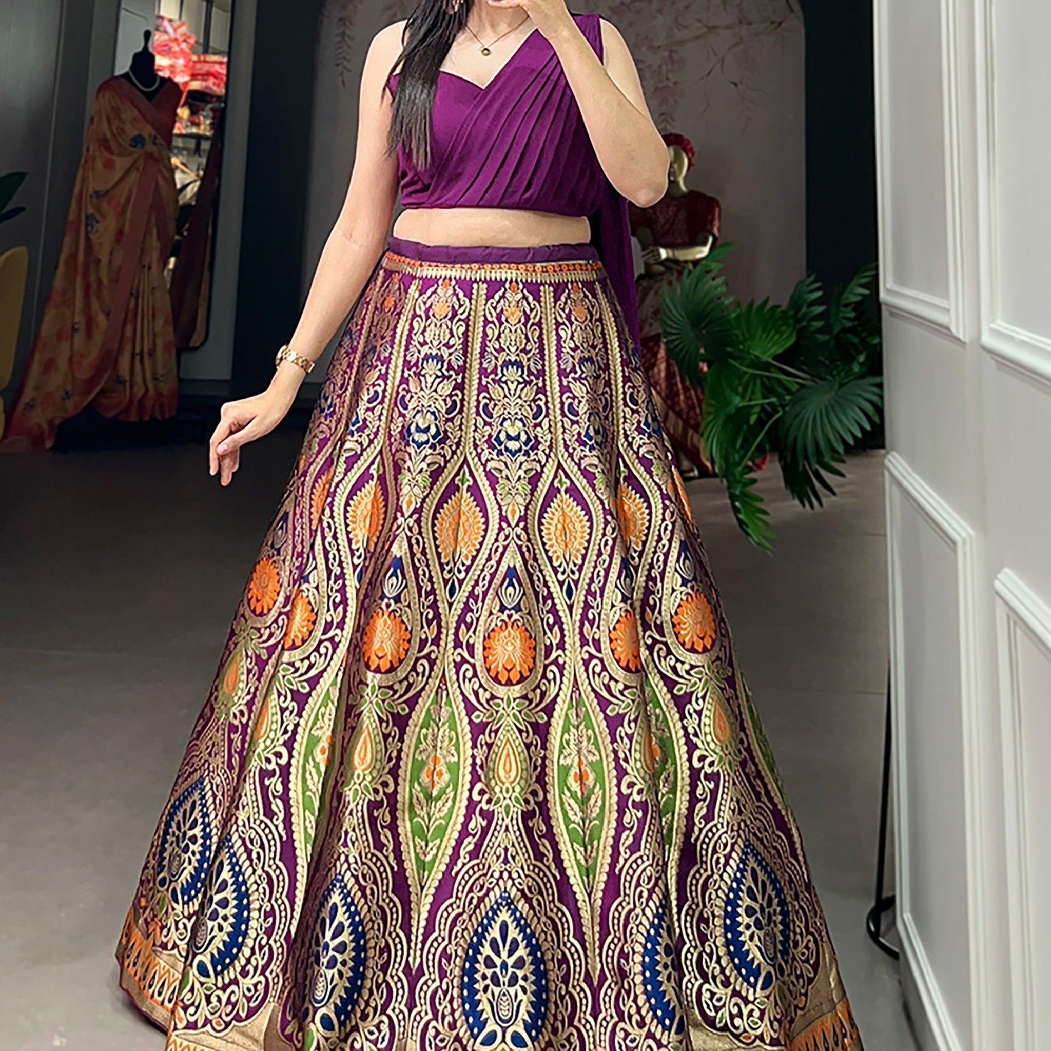 Beautiful Purple Zari Weaving Silk Indo-Western Crop Top Lehenga