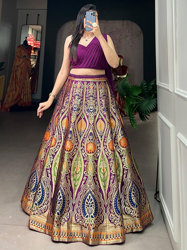 Beautiful Purple Zari Weaving Silk Indo-Western Crop Top Lehenga