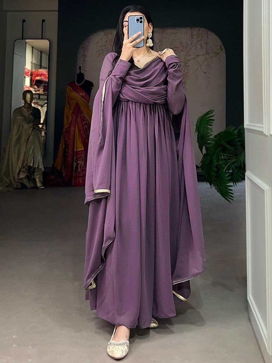 Splendid Purple Georgette Events Wear Plain Gown With Dupatta