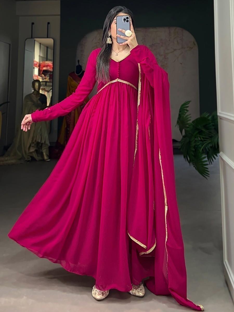 Superb Pink Georgette Festive Wear Plain Gown With Dupatta