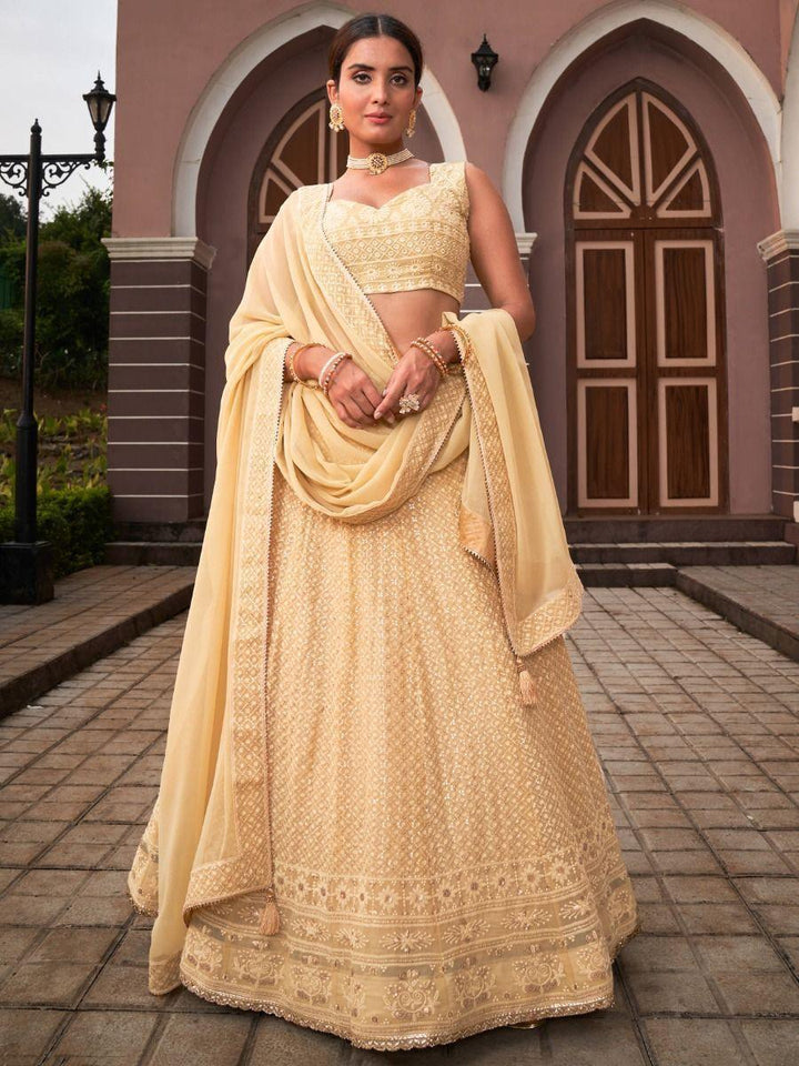 Attractive Chiku Sequins Georgette Lehenga Choli With Dupatta