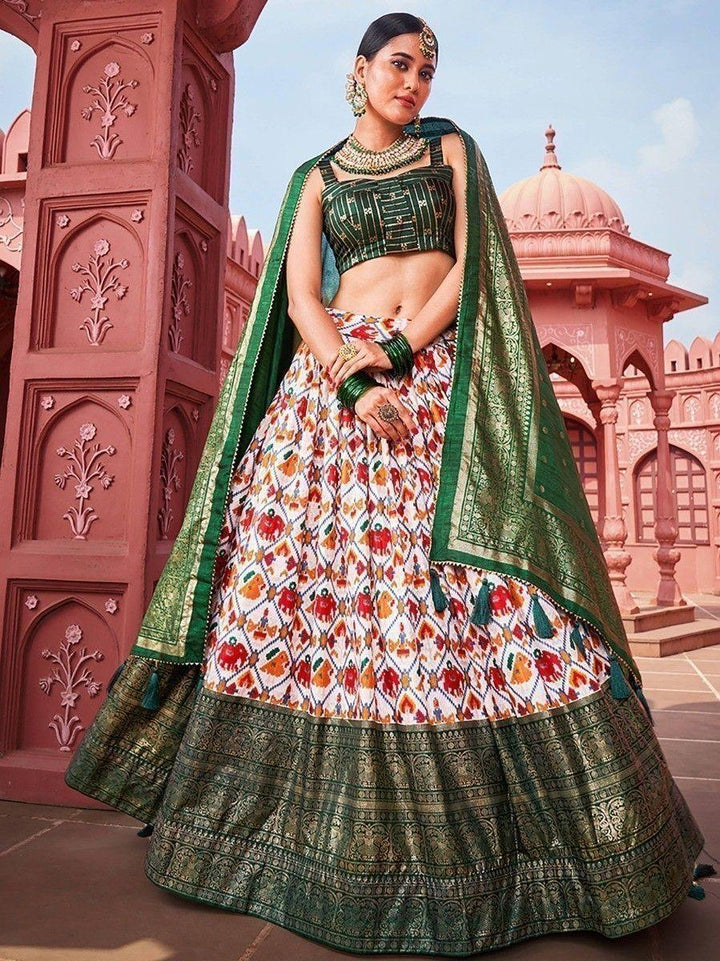 Gorgeous Green Patola Print Dola Silk Lehenga Choli With Dupatta