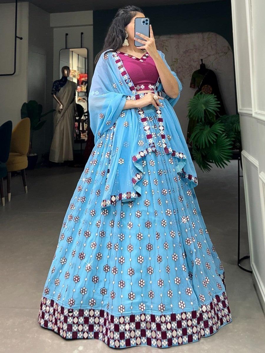 Captivating Sky-Blue Mirror Work Lehenga Choli With Dupatta