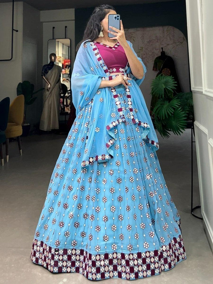 Captivating Sky-Blue Mirror Work Lehenga Choli With Dupatta