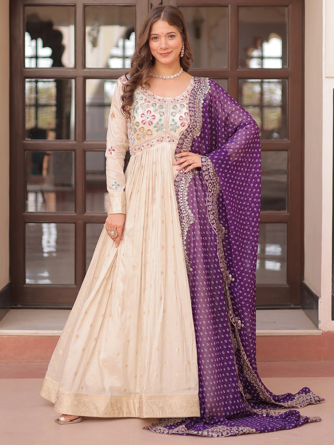 Lovable Beige Bead Work Jacquard Festive Wear Gown With Purple Dupatta - Zeel Clothing