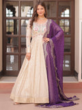 Lovable Beige Bead Work Jacquard Festive Wear Gown With Purple Dupatta - Zeel Clothing