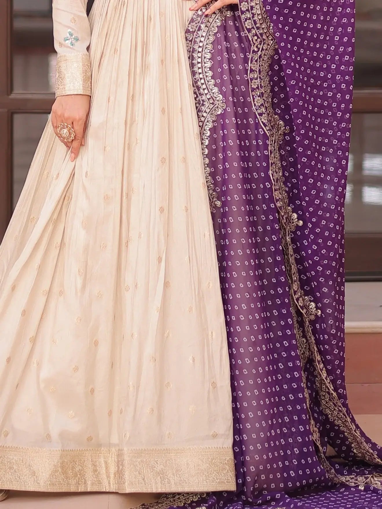 Lovable Beige Bead Work Jacquard Festive Wear Gown With Purple Dupatta - Zeel Clothing