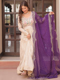 Lovable Beige Bead Work Jacquard Festive Wear Gown With Purple Dupatta - Zeel Clothing