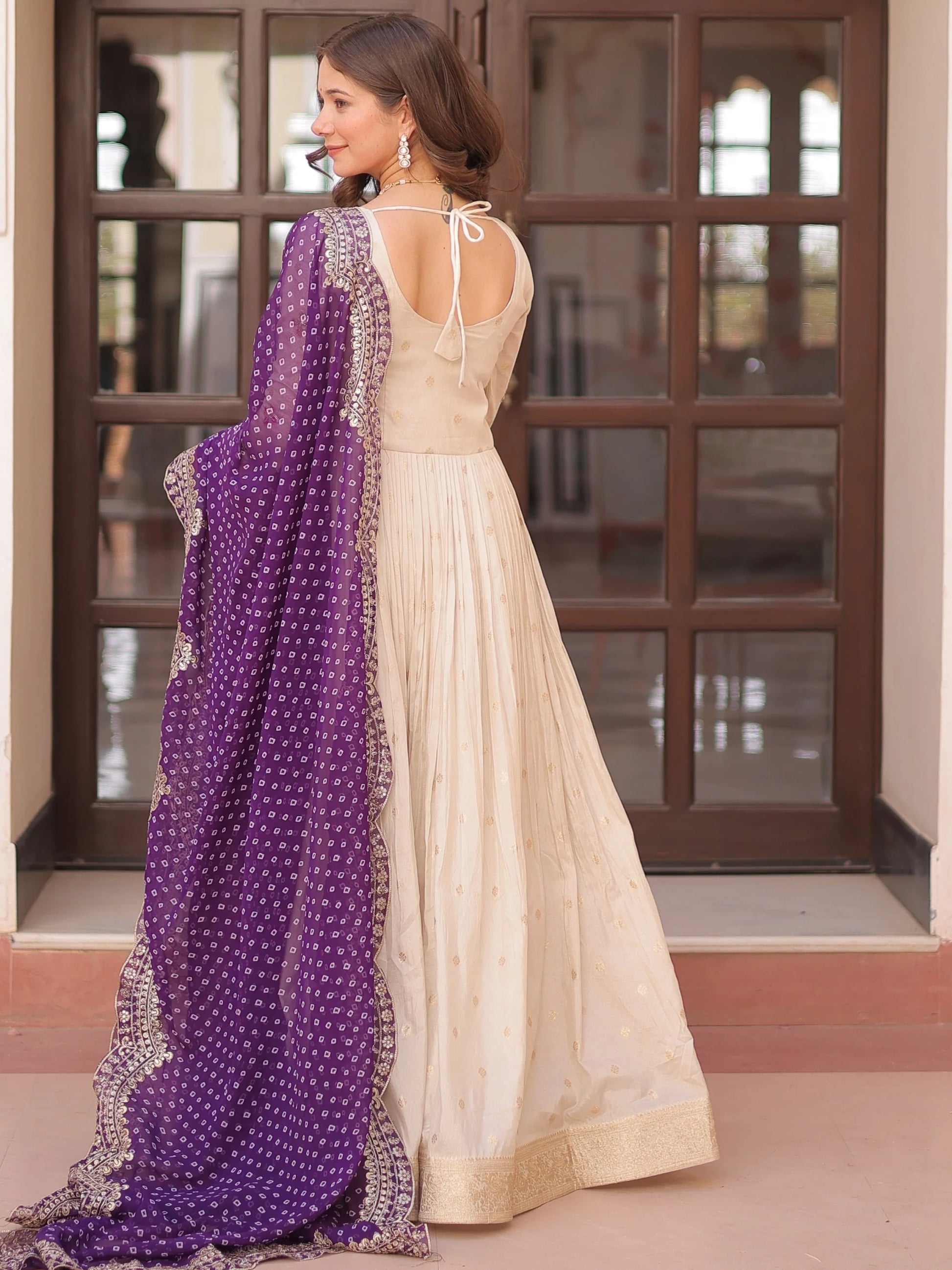 Lovable Beige Bead Work Jacquard Festive Wear Gown With Purple Dupatta - Zeel Clothing