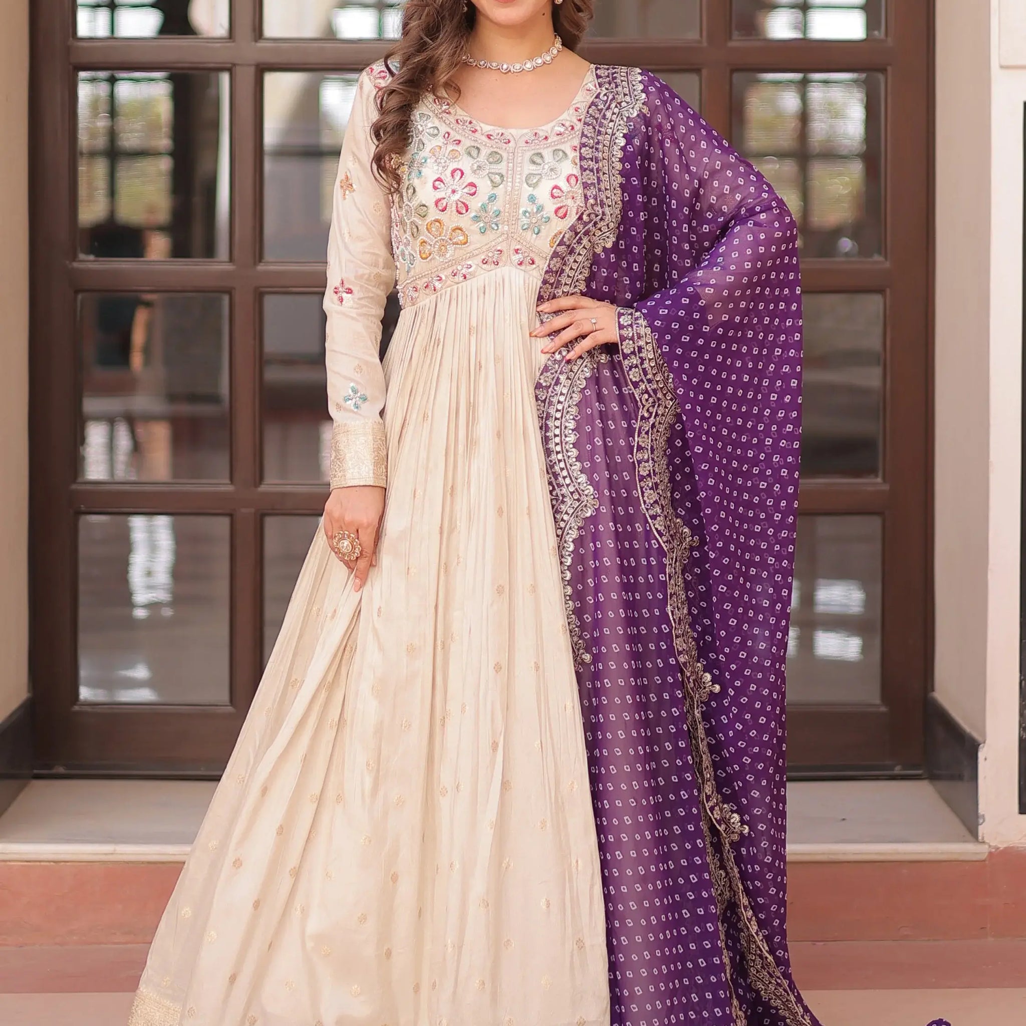 Lovable Beige Bead Work Jacquard Festive Wear Gown With Purple Dupatta - Zeel Clothing